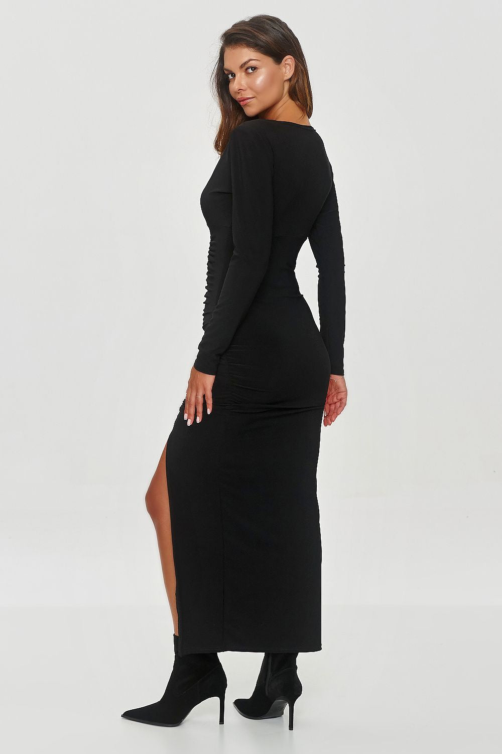black long sleeve v-neck evening dress alternate angle