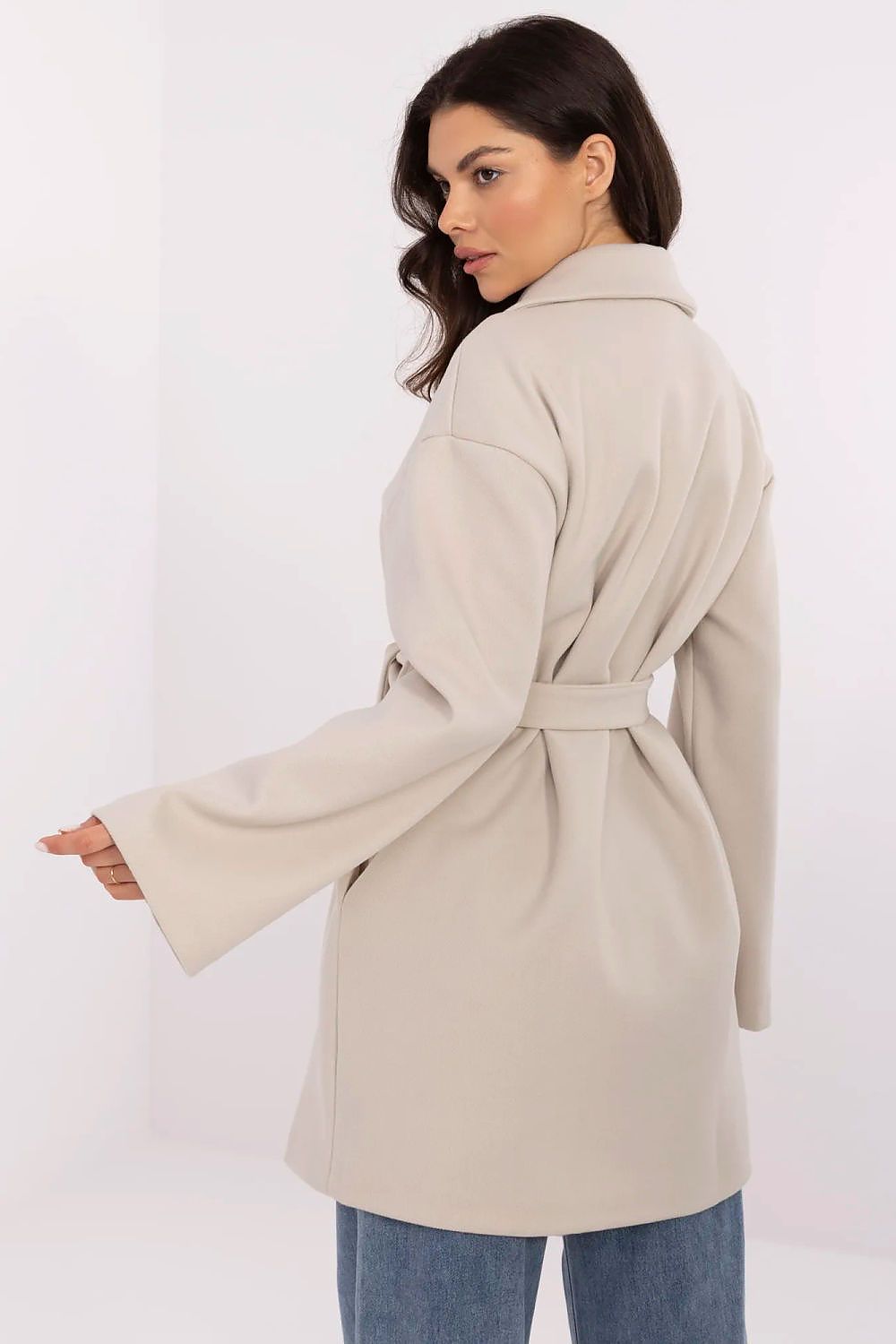 beige belted coat detail view