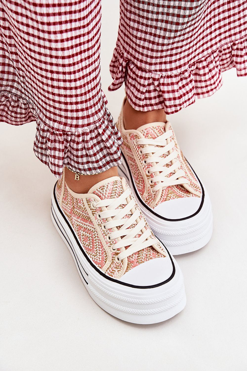 pink lace sneakers detail view