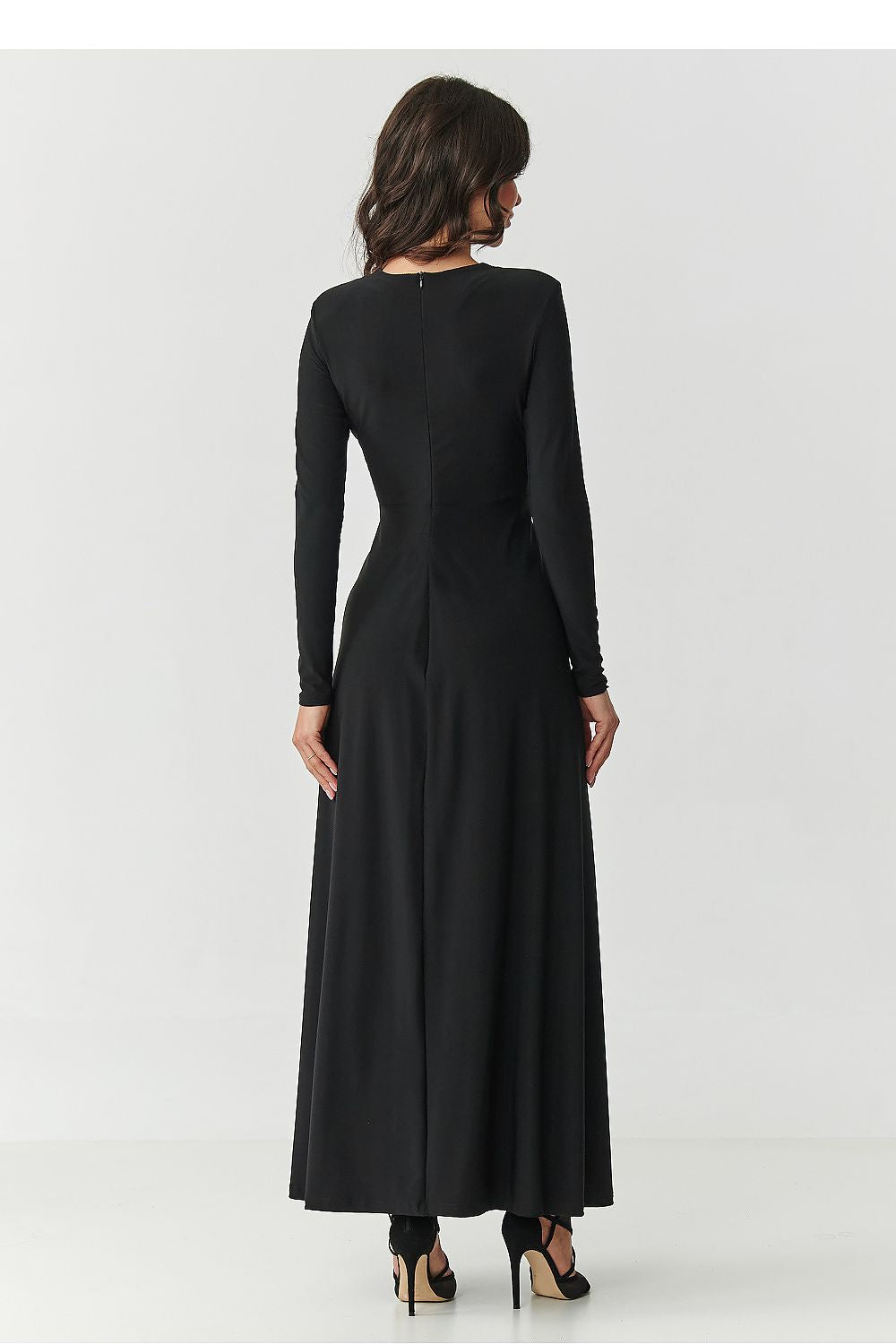 black flared long sleeve long dress detail view