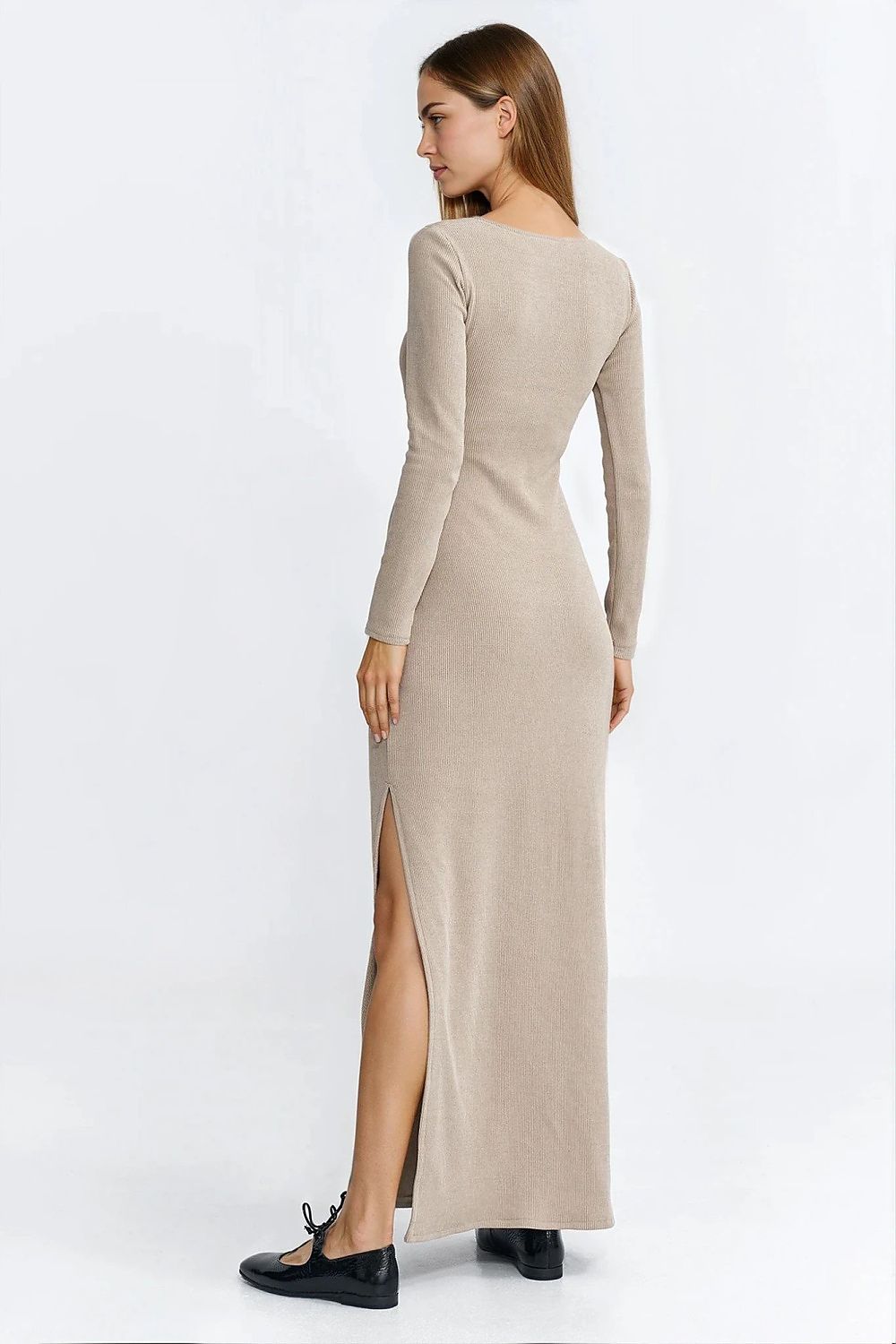 beige ribbed long sleeve day dress detail view