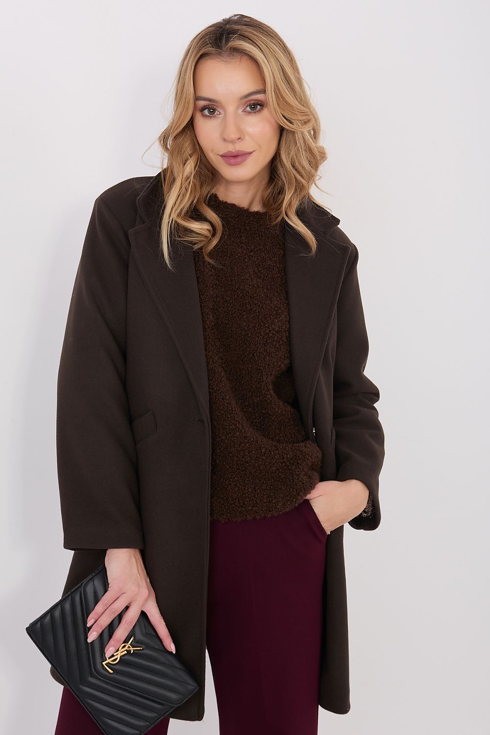 brown long sleeve coat back view