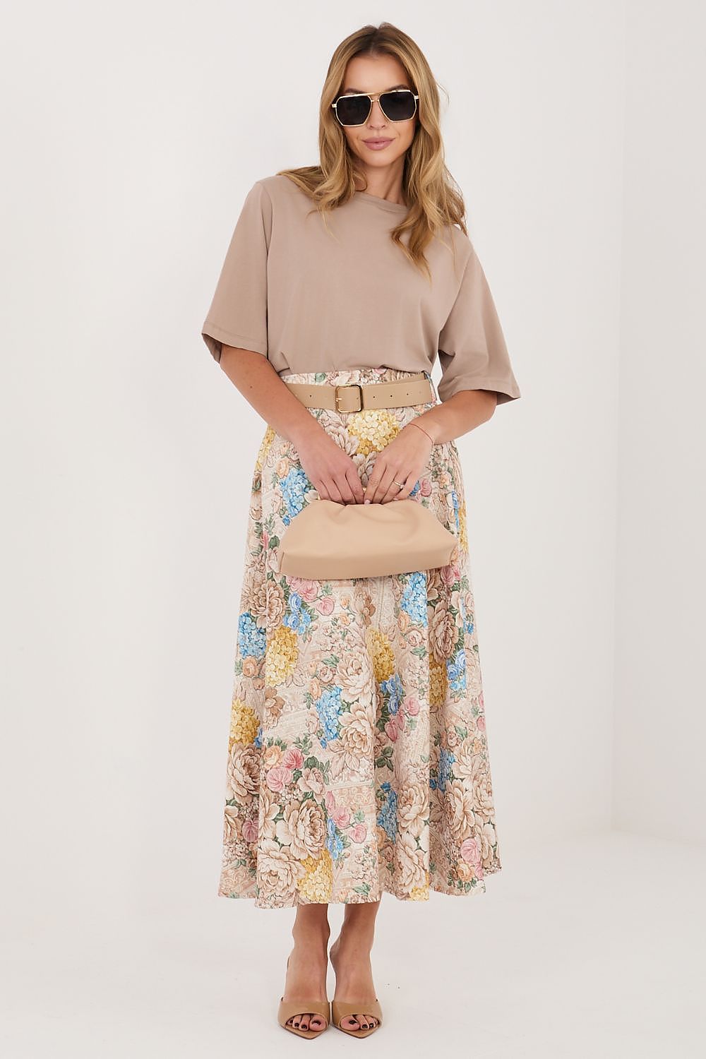 beige belted midi skirt back view