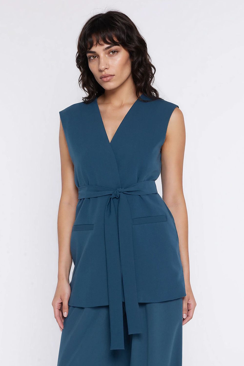 pink belted v-neck gilet view 16