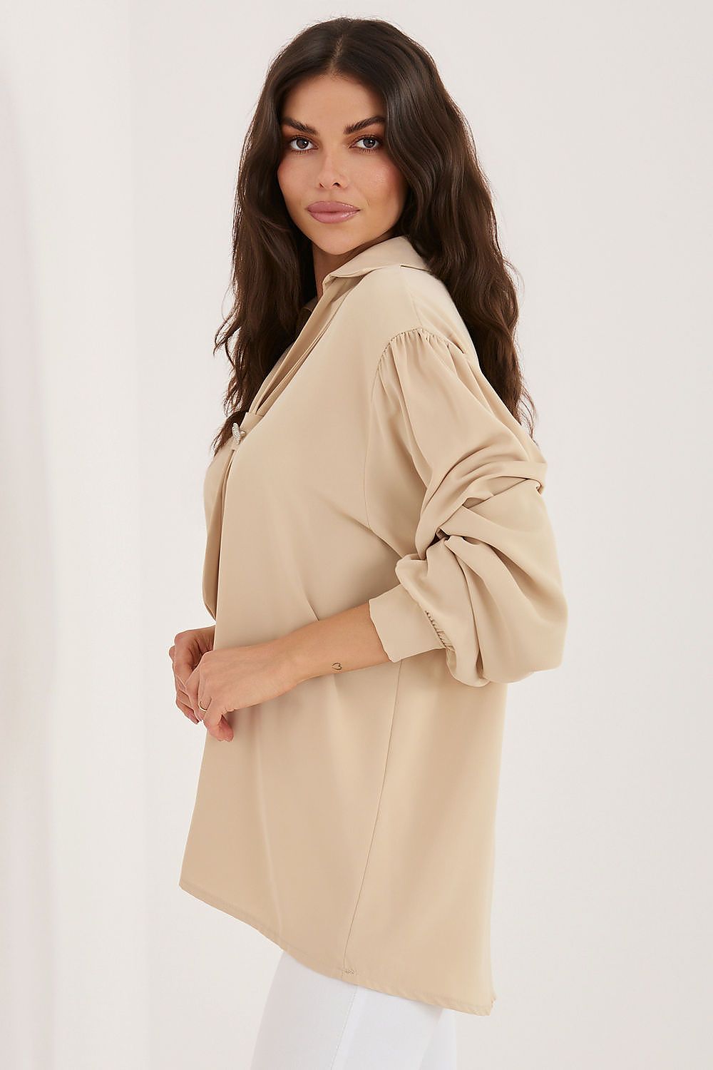 brown long sleeve v-neck blouse view 17