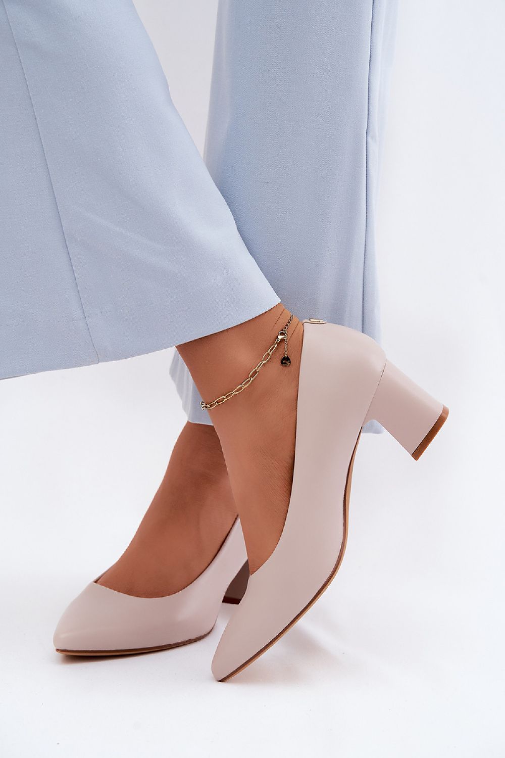 Women's Grey Faux Leather Block Heel Pumps detail view
