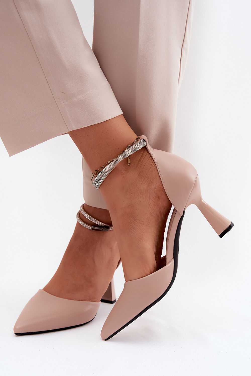 Women's Beige Faux Leather Block Heel Pumps detail view