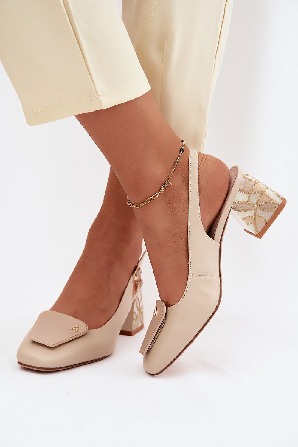 Women's Beige Leather Block Heel Pumps detail view