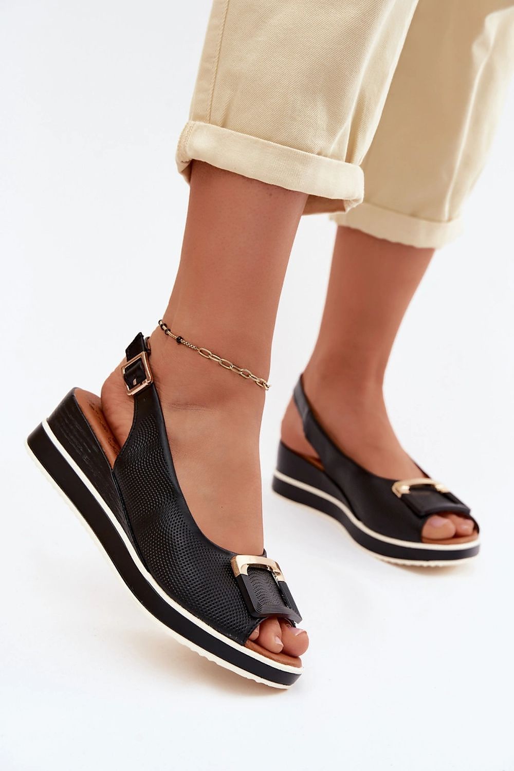 Women's Black Leather 5 Cm Heel Wedge Sandals back view