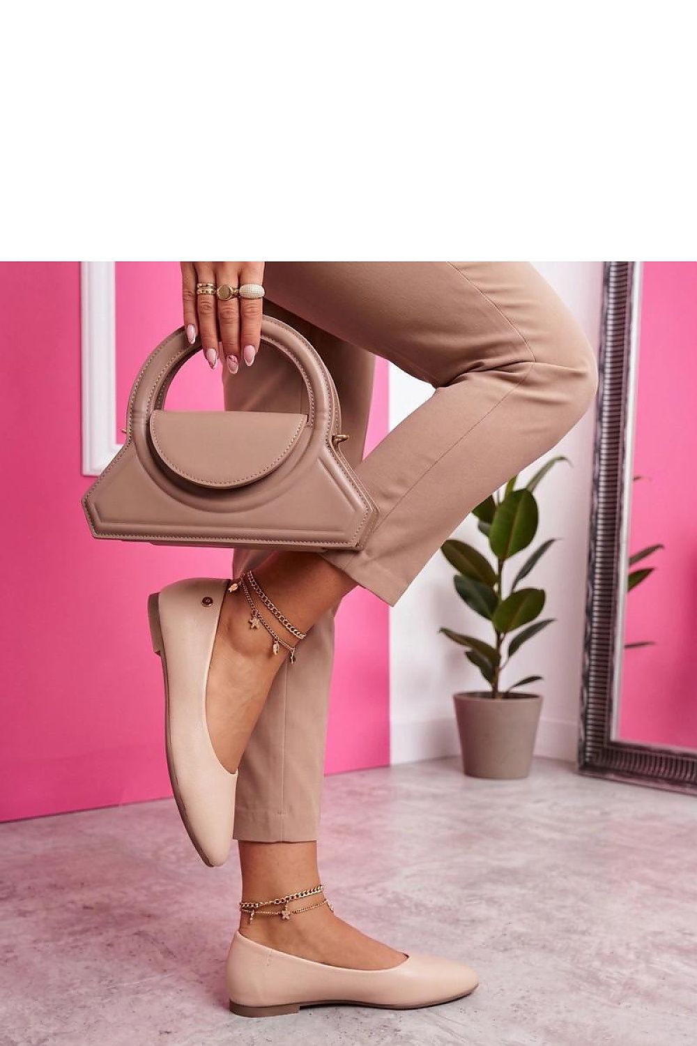 Women's Grey and Beige Faux Leather 2 Cm Heel Ballet Flats back view