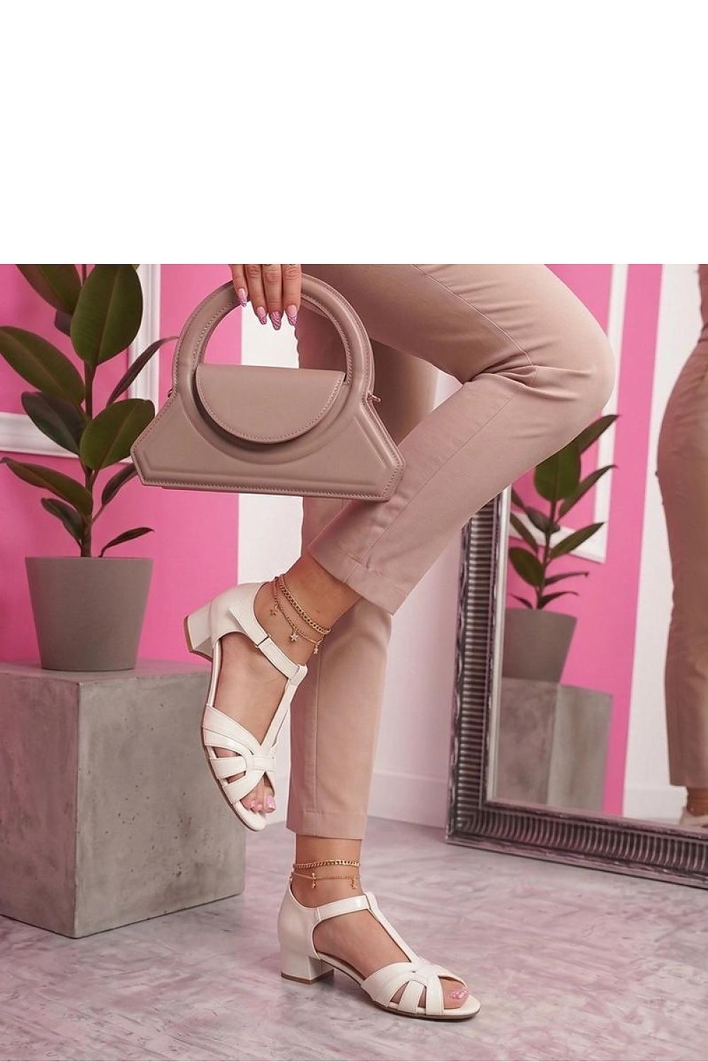 Women's Beige, Black, and White Block Heel Heeled Sandals view 8