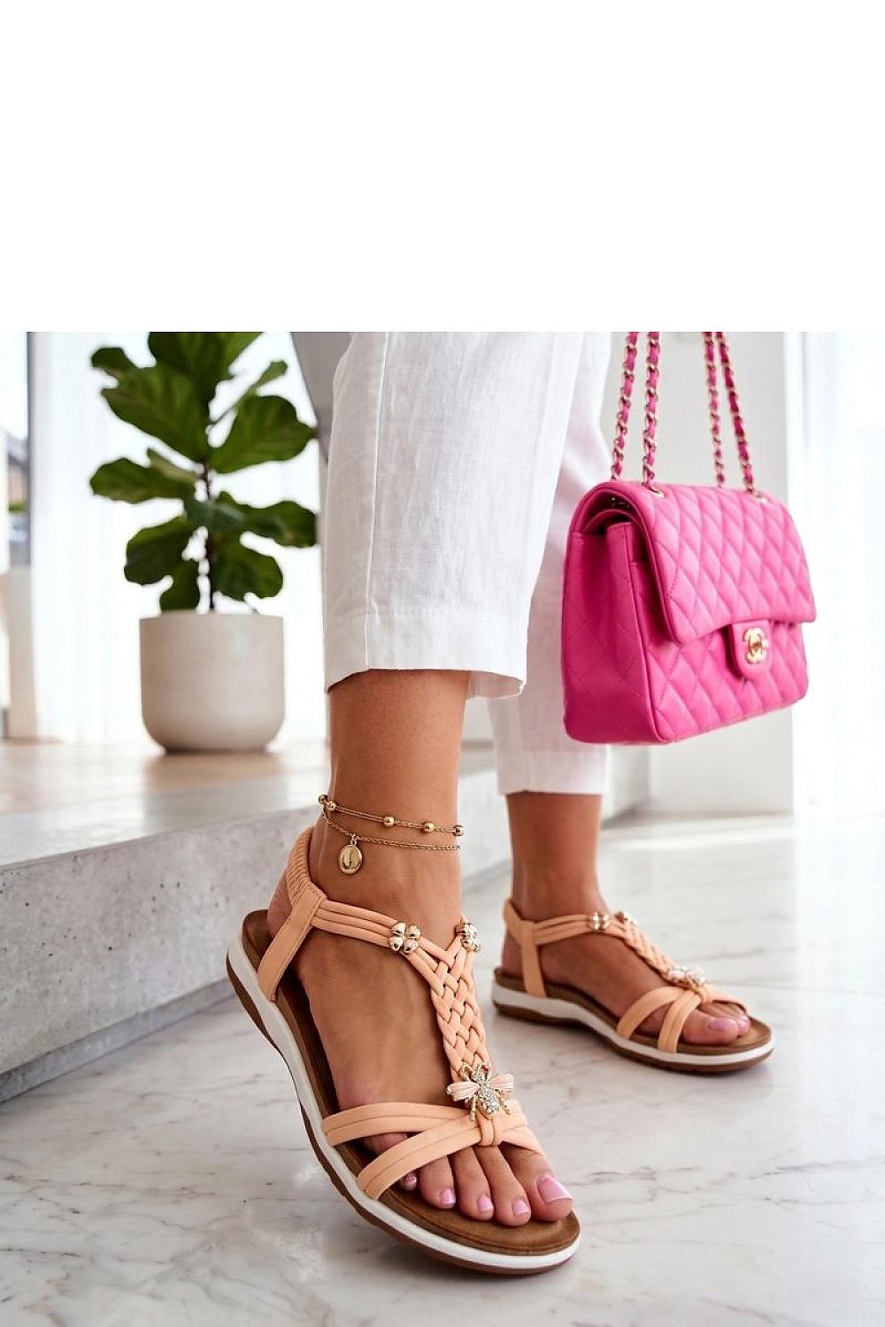 Women's Beige Fabric Flip-flops side view