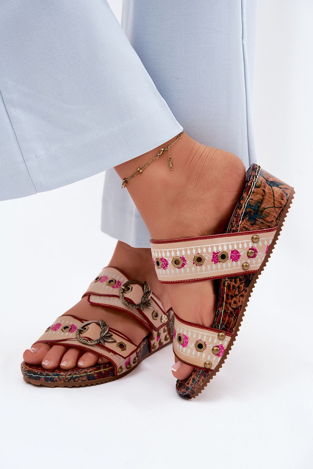 Women's Multicolor Leather 5 Cm Heel Wedge Sandals detail view
