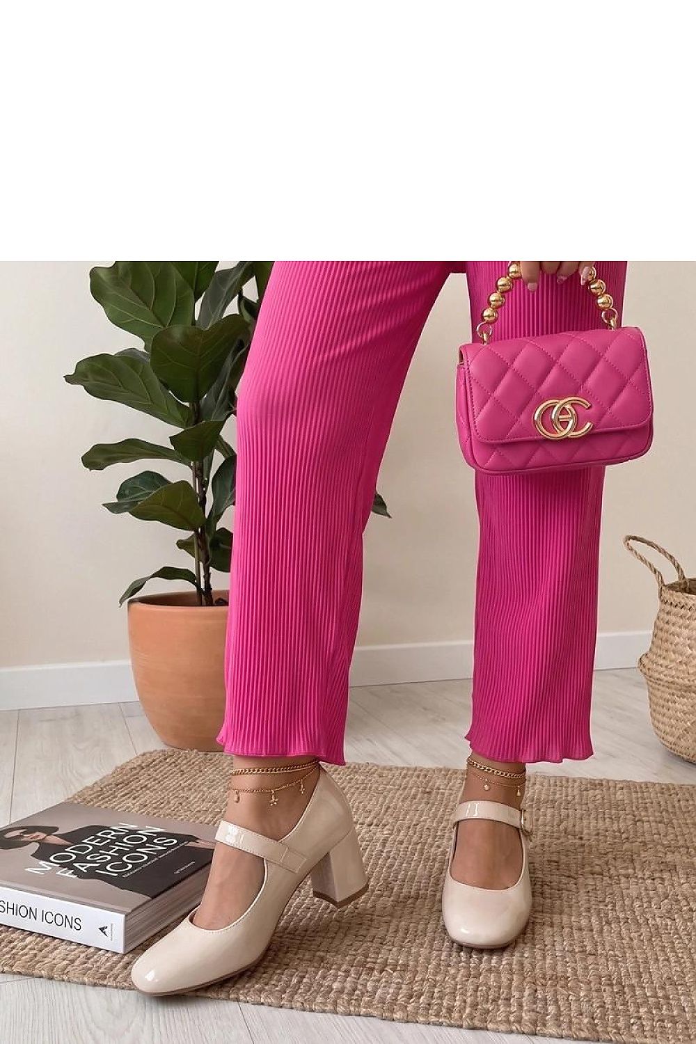 Women's Beige Block Heel Strap Detail Heel Pumps side view