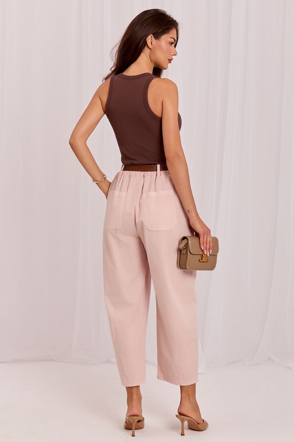Women's Beige and Blue Easy-fit Elastic Detail Women Trousers view 12