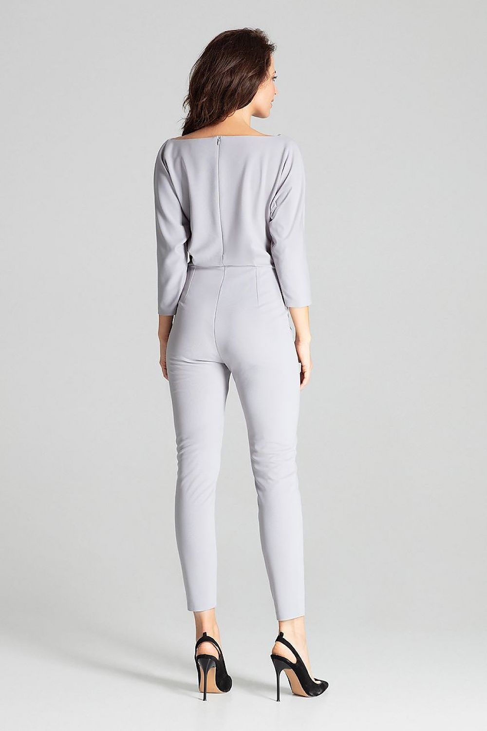 grey wrap asymmetrical suit detail view