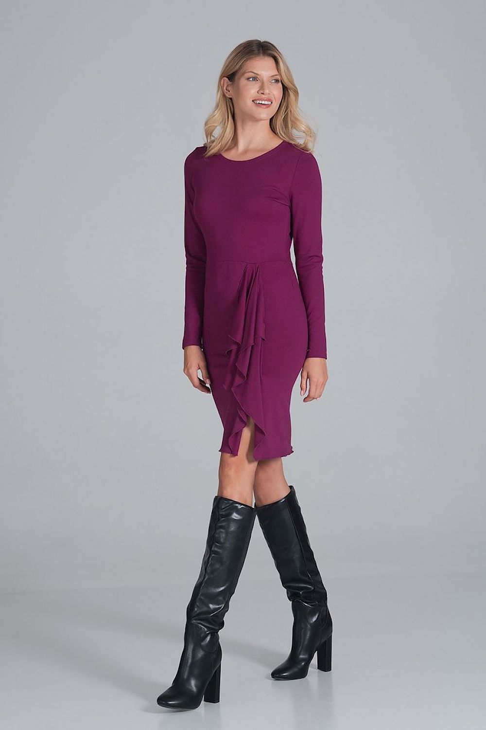 violet long sleeve cocktail dress back view