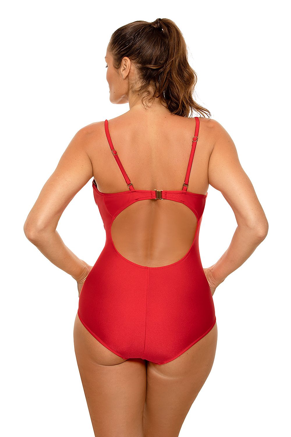 red swimsuit one piece detail view