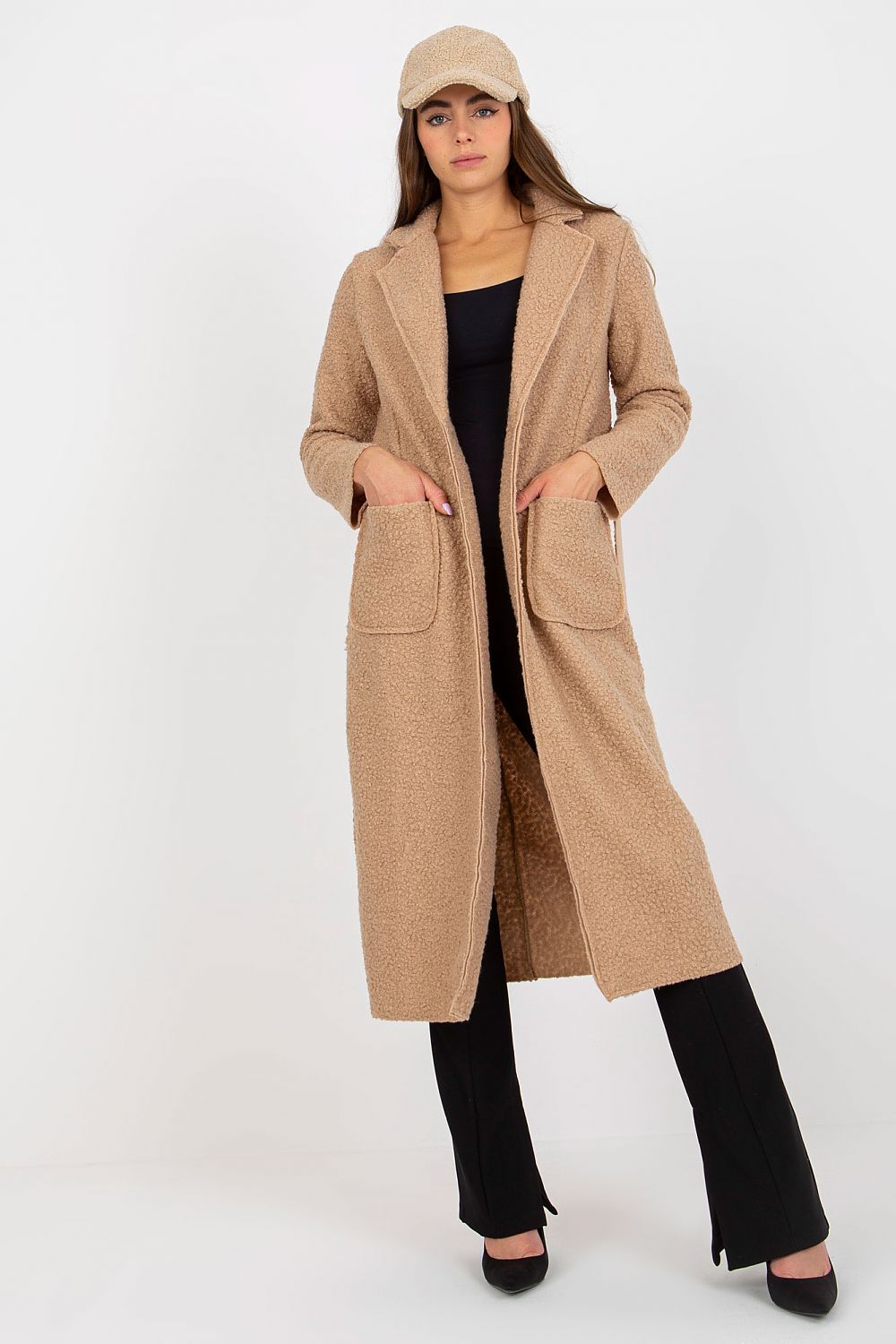 beige belted long sleeve coat back view