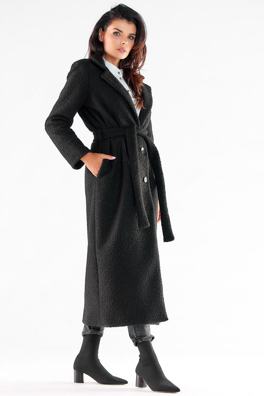 black belted maxi coat back view