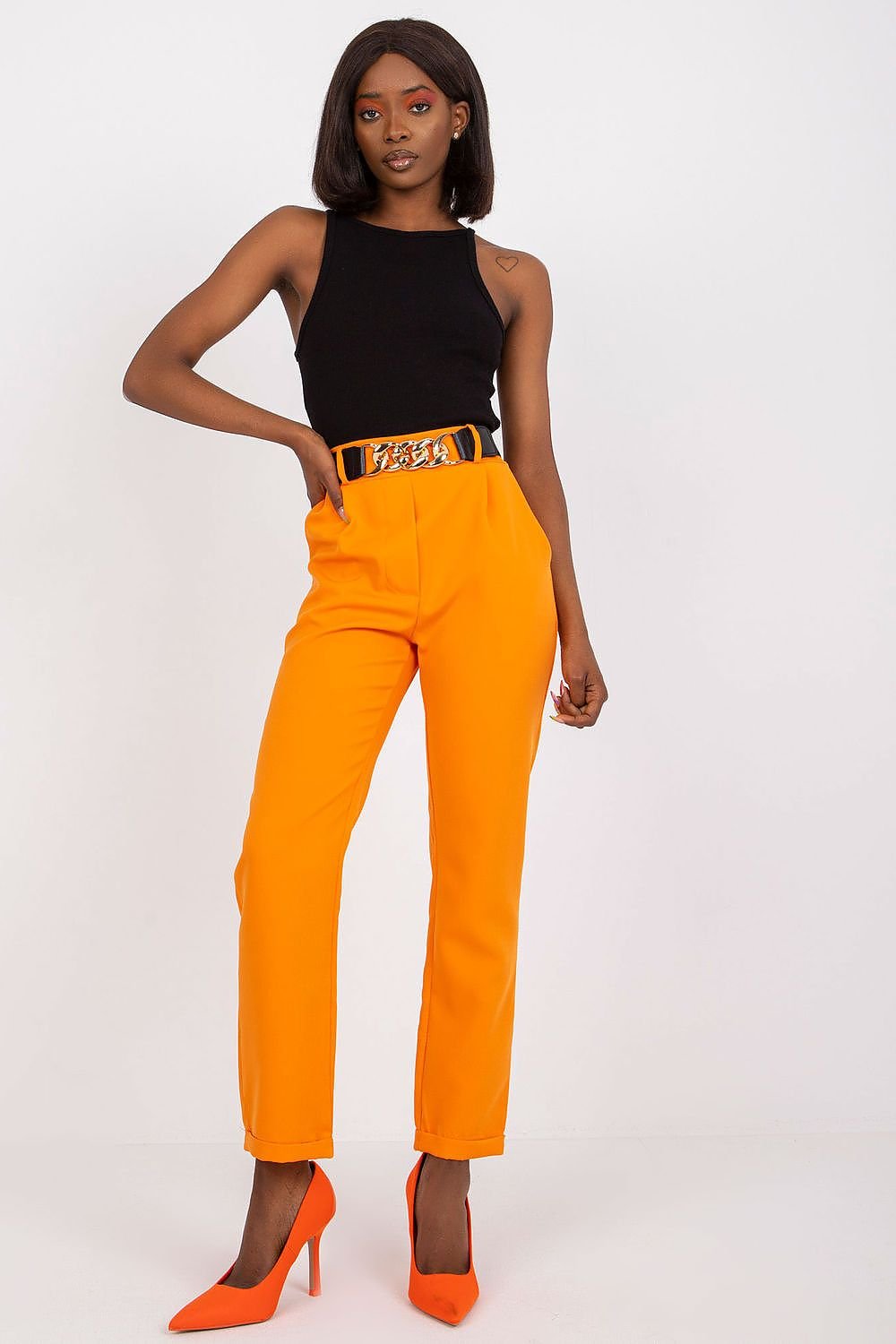 belted orange belted women trousers back view