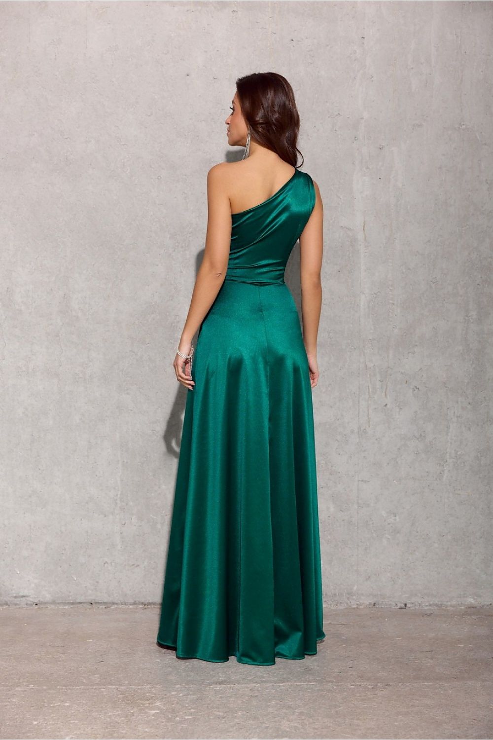 green satin long dress detail view