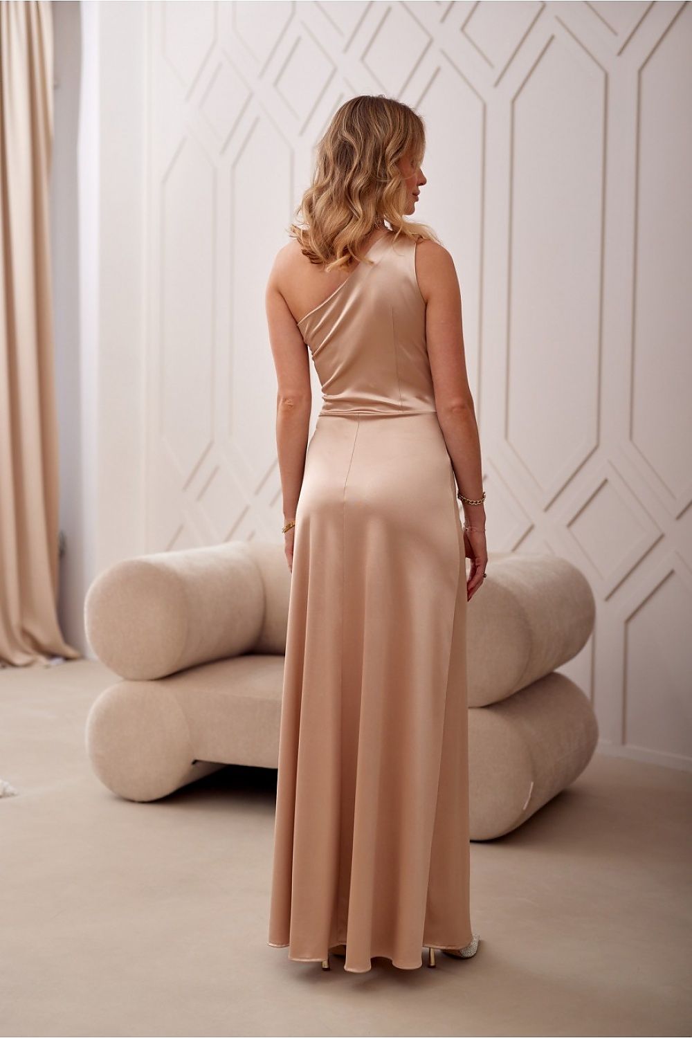 beige satin evening dress detail view
