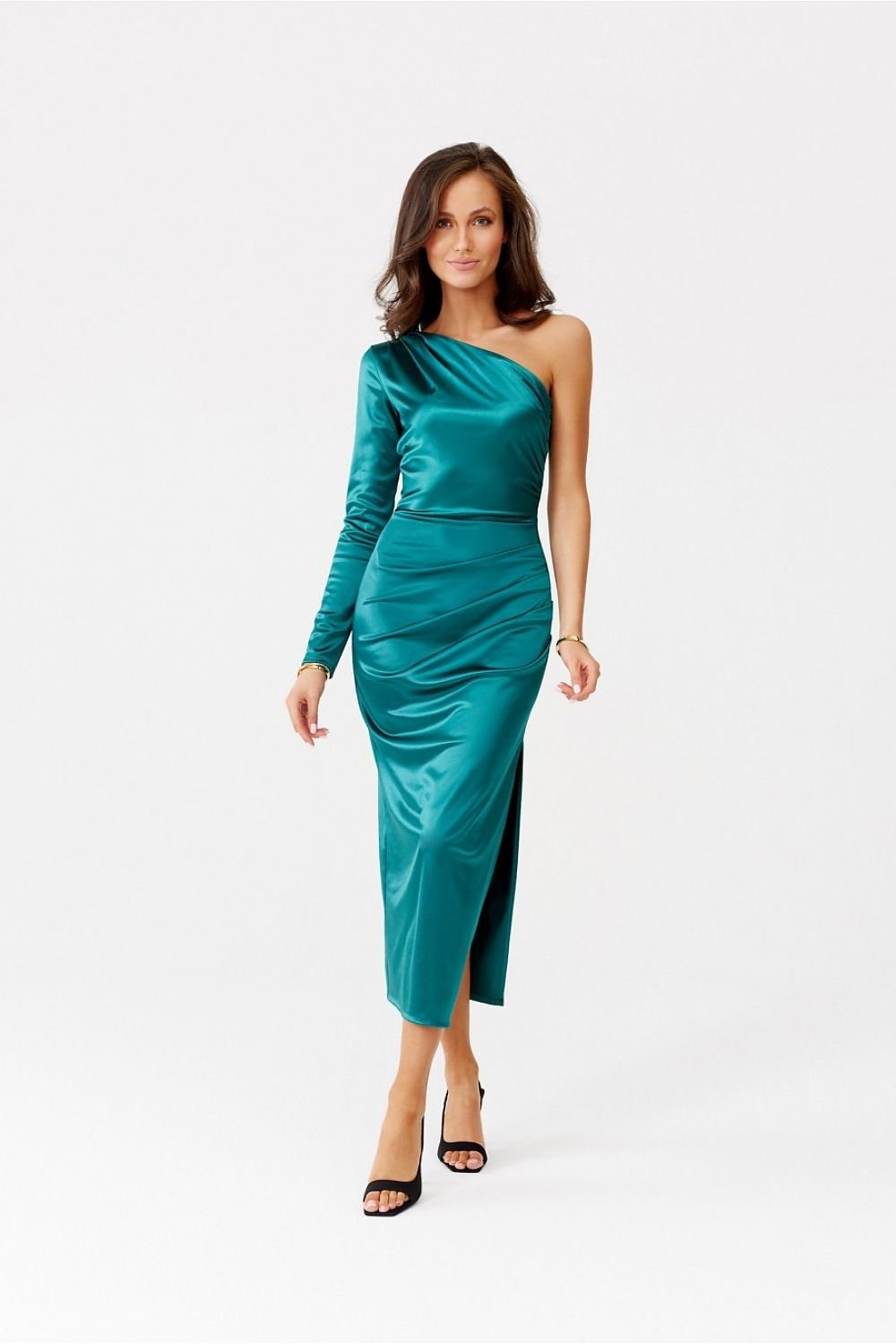 green satin long sleeve evening dress back view