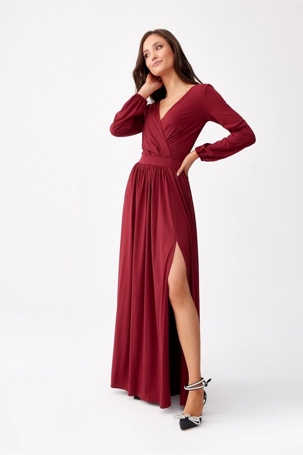 red belted maxi long dress back view