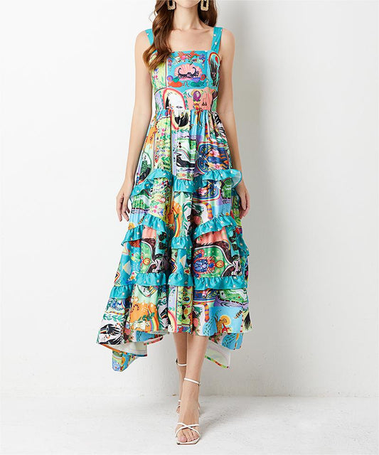 Summer Positioning Flower Cake Dress Slim Fit High Waist A Line Dress