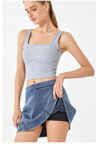 Summer High Waist Faux Two Piece Denim Yoga Skirt Slim Fit Hip Lift Fitness Shorts-High-Performance Women's Sport Skirts - Trendy and Functional-Ayla Boutique