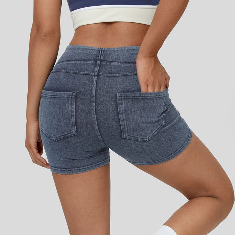 Back view of women’s denim yoga shorts with high rise fit