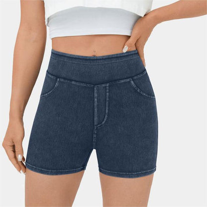 Comfortable high waist denim yoga shorts for workouts

