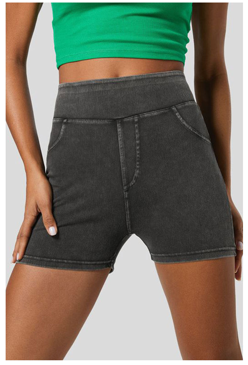 Front view of Ayla Boutique denim yoga shorts for women

