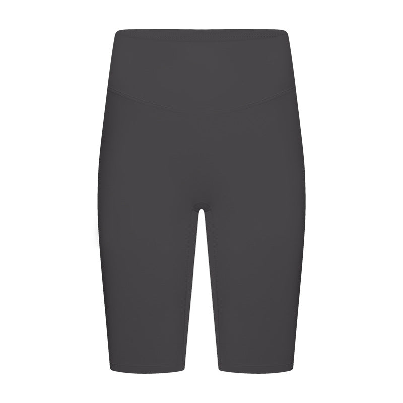 Grey yoga shorts front profile showing fit