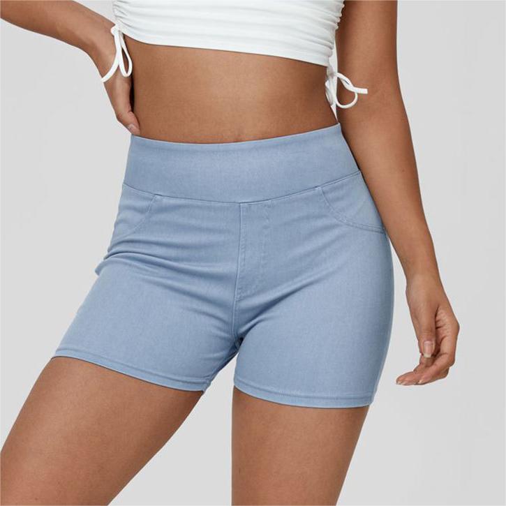 Light blue denim yoga shorts with high waist for women

