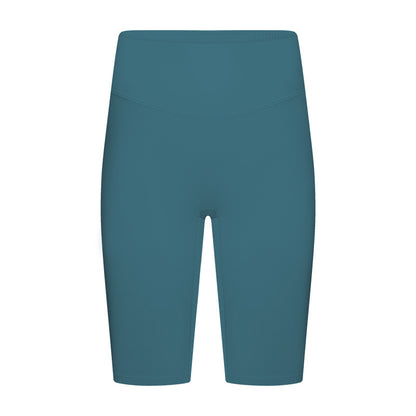 Model wearing light blue high-waisted yoga shorts