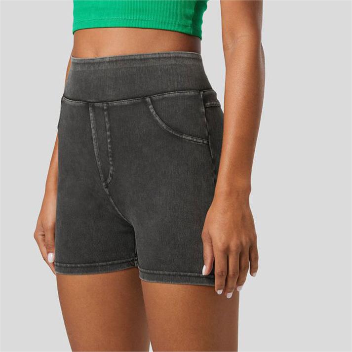 Rear view of stretchy denim yoga shorts for women

