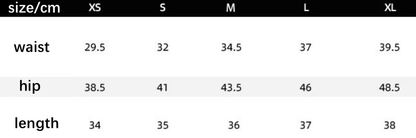 Size chart for women’s high waisted denim yoga shorts – XS to XL