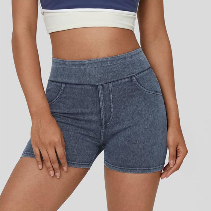 Stretchy high waist denim yoga shorts for activewear

