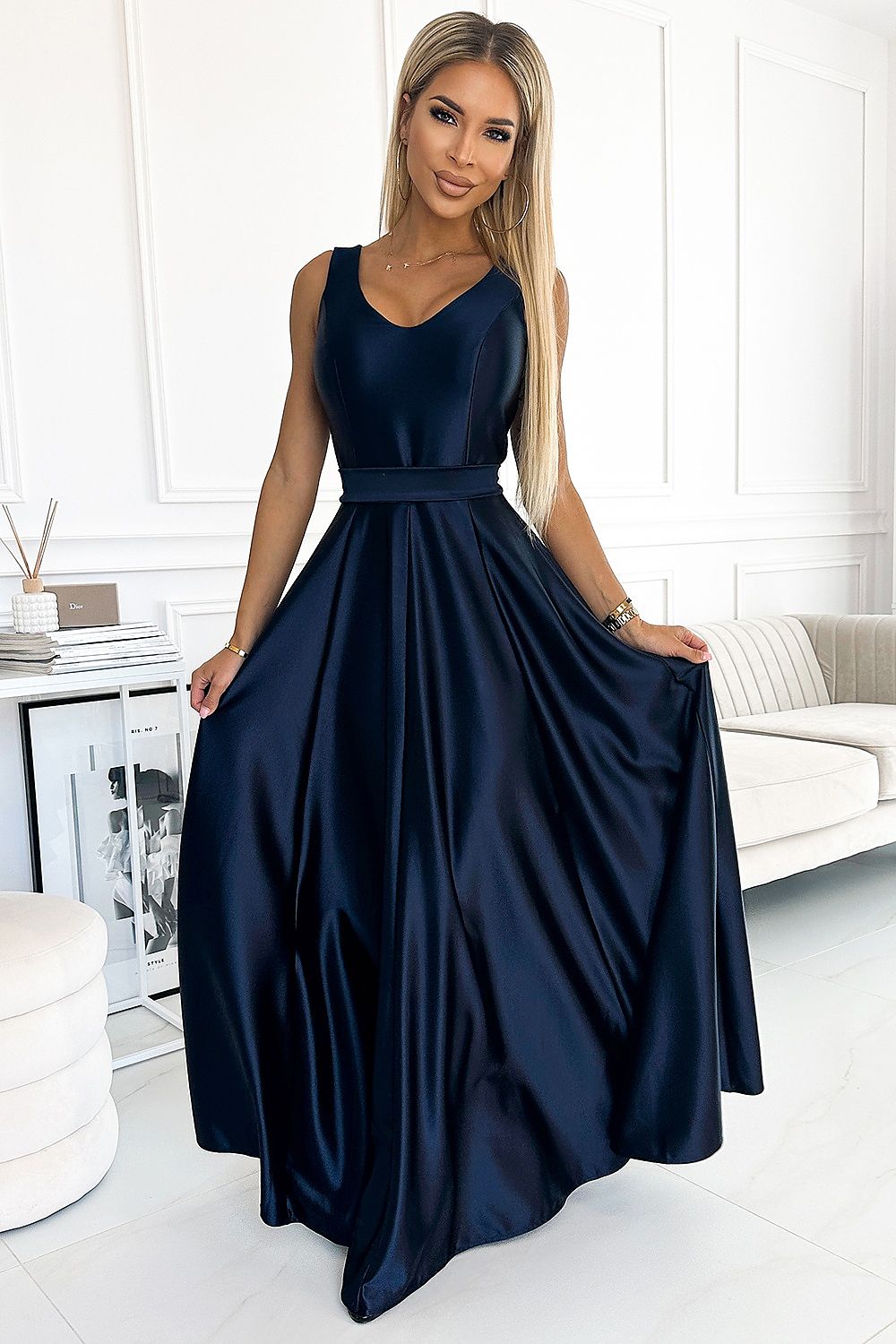 navy blue satin maxi long dress front view