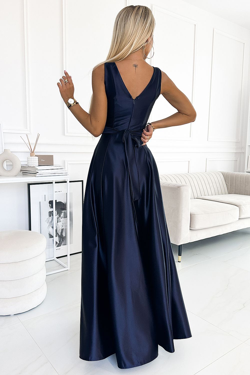 navy blue satin maxi long dress alternate angle