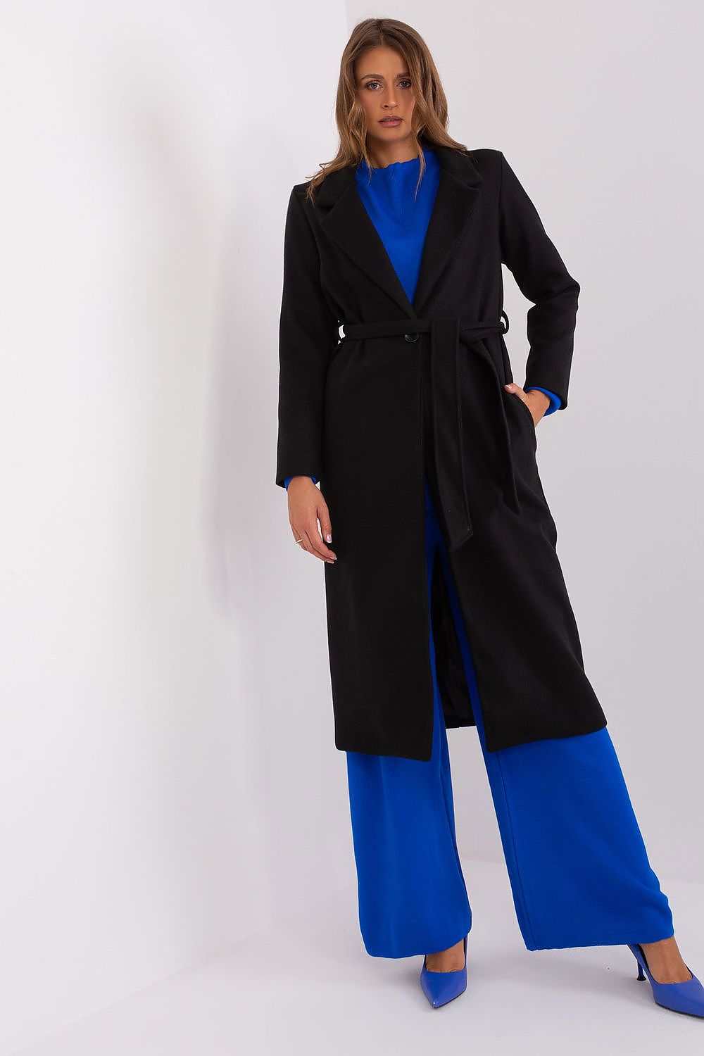 black belted coat front view