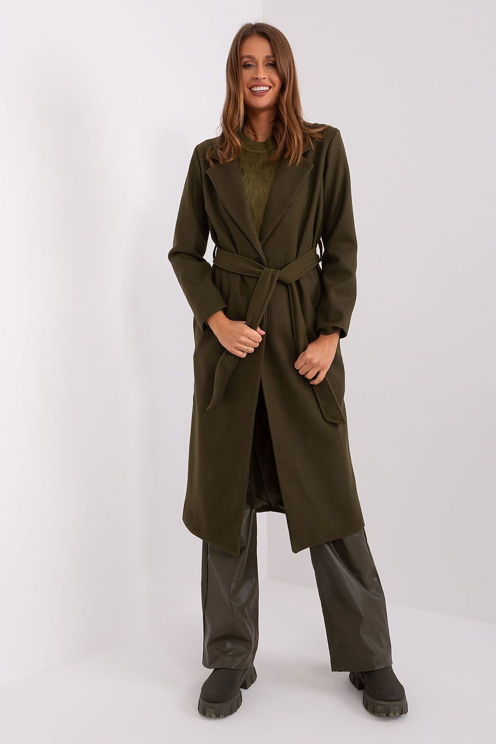 green belted coat front view