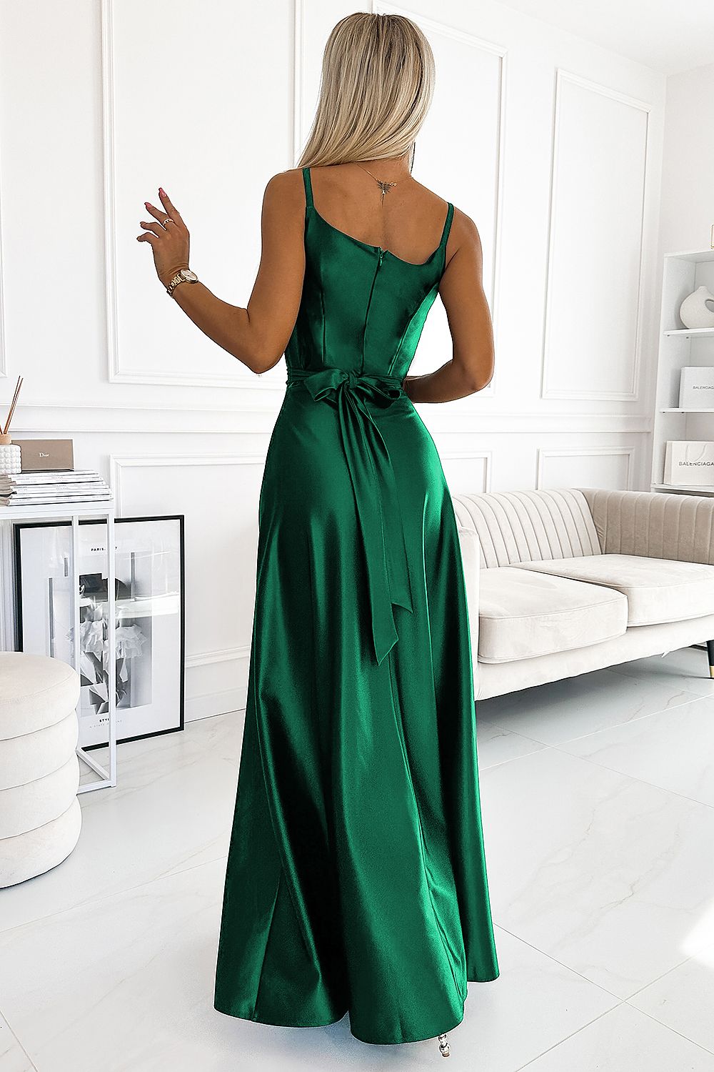 Vivid Green Belted Maxi Dress with Glitter & Leg Slit |
