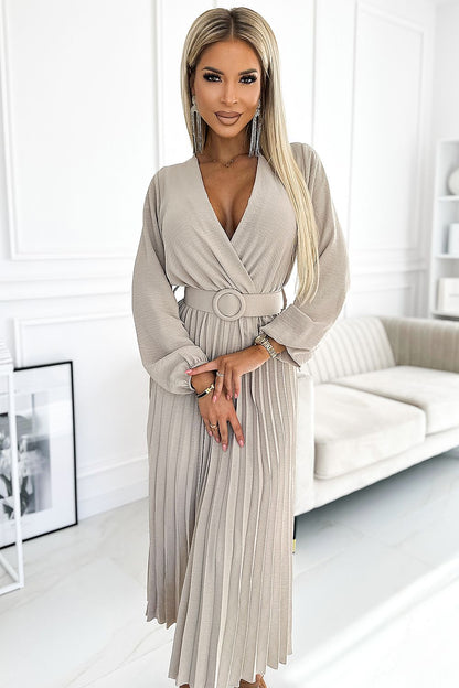 beige pleated belted cocktail dress front view