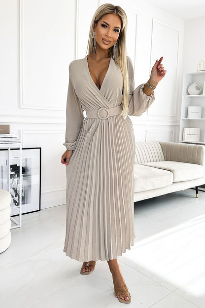 beige pleated belted cocktail dress alternate angle
