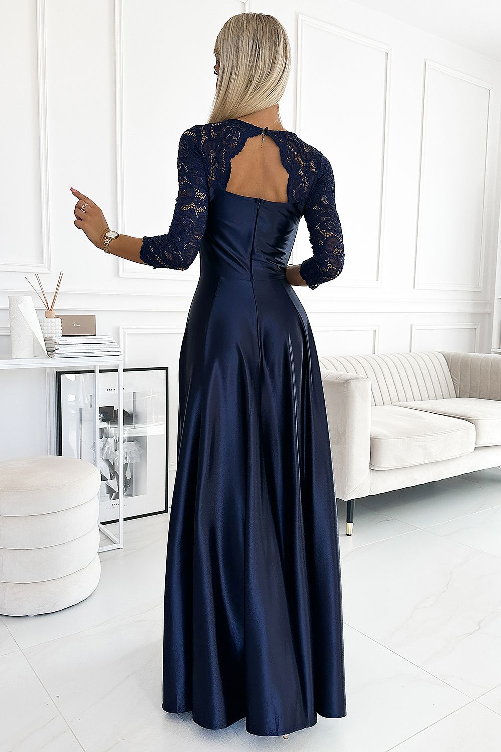 navy blue lace mini long dress back view