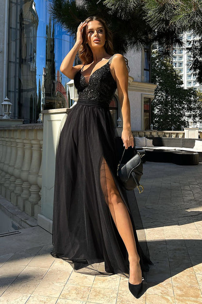 black lace flared long dress front view