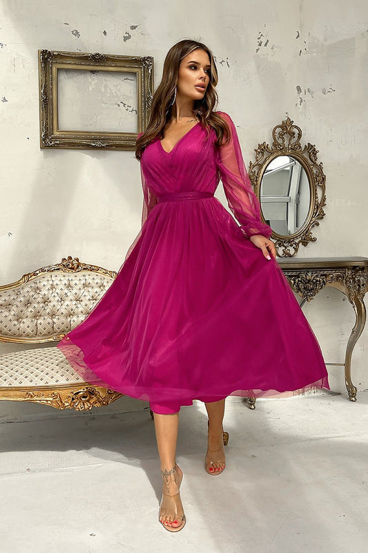 violet flared long sleeve evening dress front view